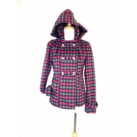 Pink Envelope Women’s Peacoat Hooded Plaid Double Breasted Look Jacket Small - Picture 1 of 11